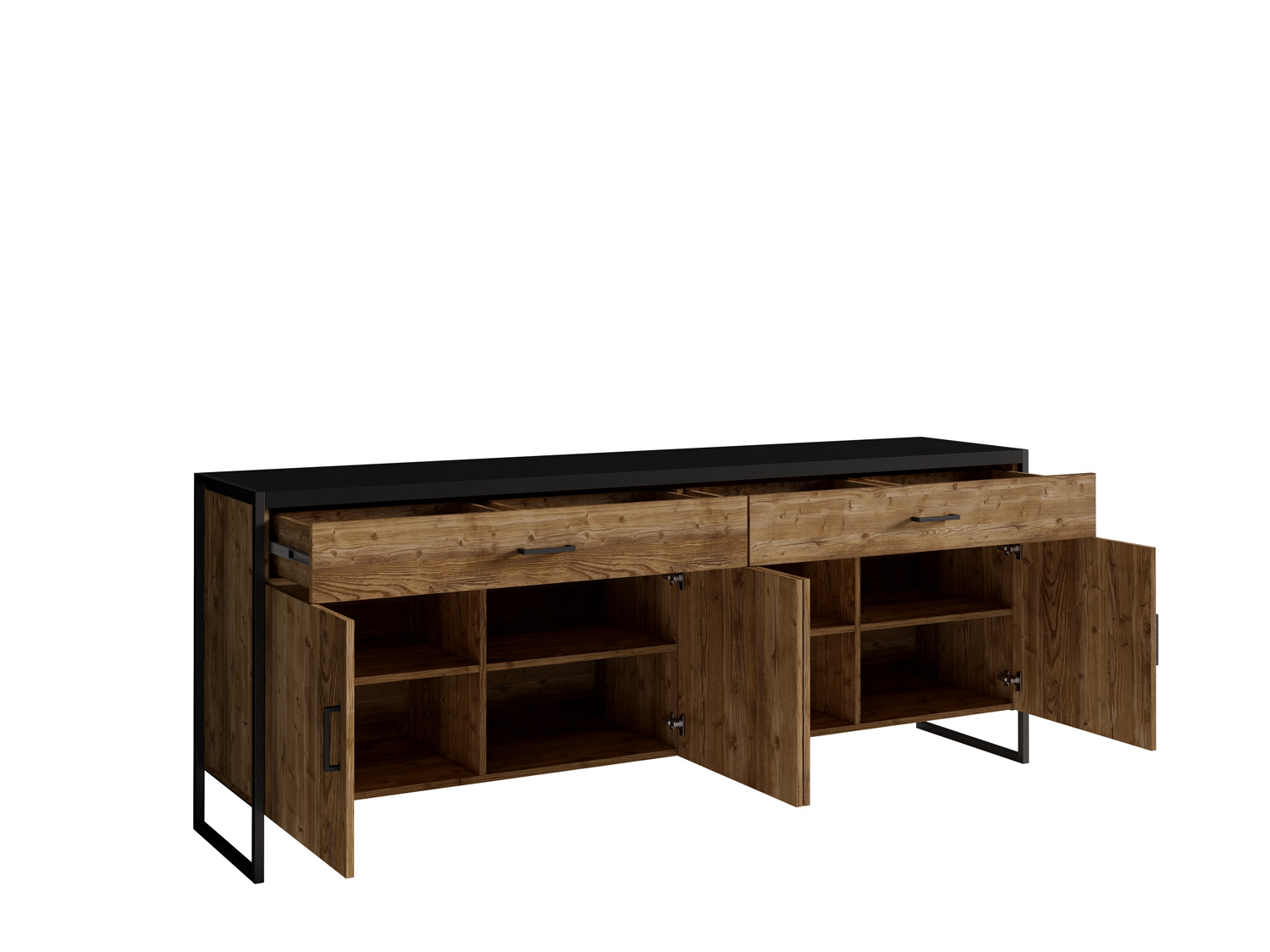 Credenza 4 ante 2 cassetti legno invecchiato e metallo nero 