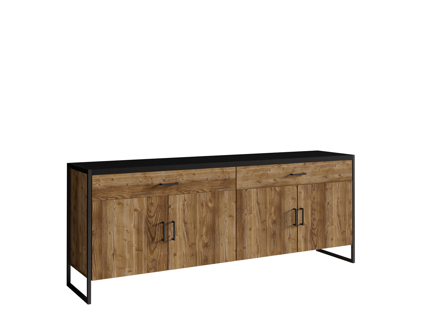 Credenza 4 ante 2 cassetti legno invecchiato e metallo nero 