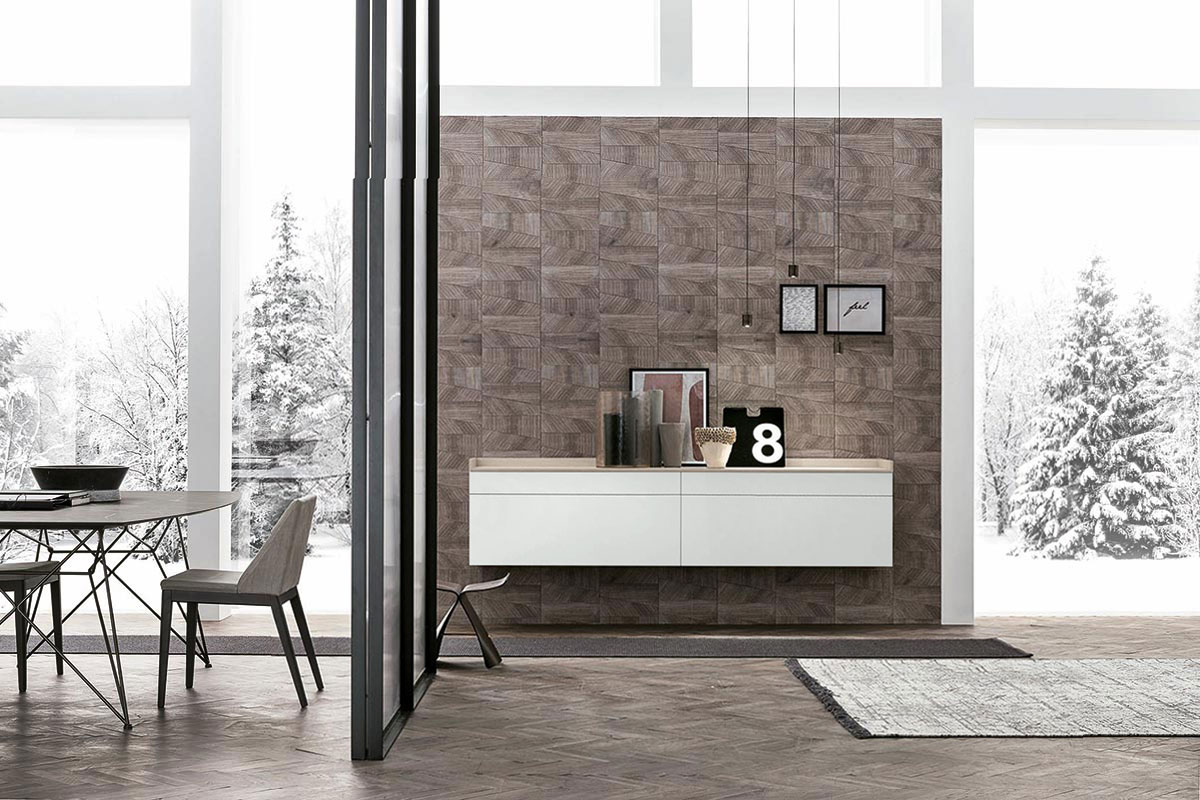 Madia sospesa 2 cestoni e 2 cassetti, finitura materico Madreperla e Bianco gesso