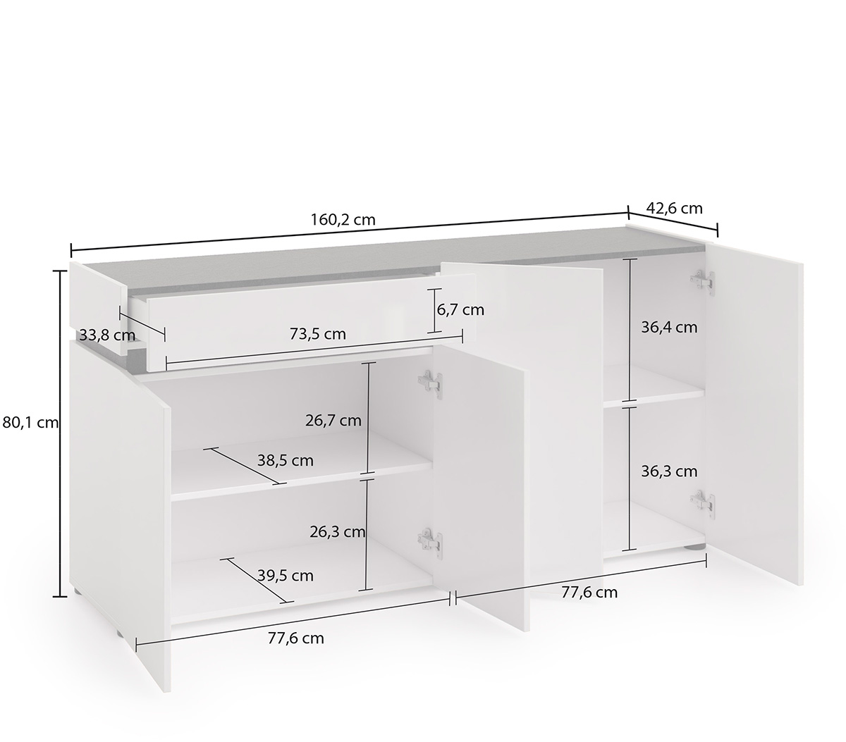 Madia con maniglia a gola, 4 ante 1 cassetto, finitura Bianco laccato lucido