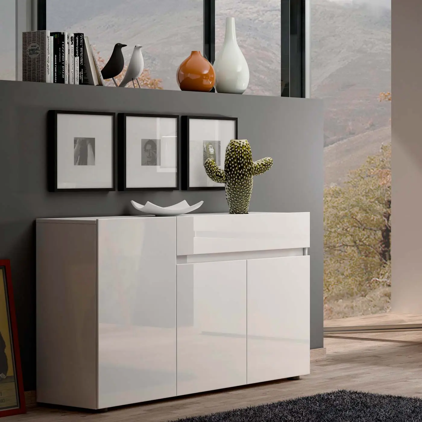 Madia elegante a 3 ante e 1 cassetto Bianco lucido, Made in Italy Zenzero Shop