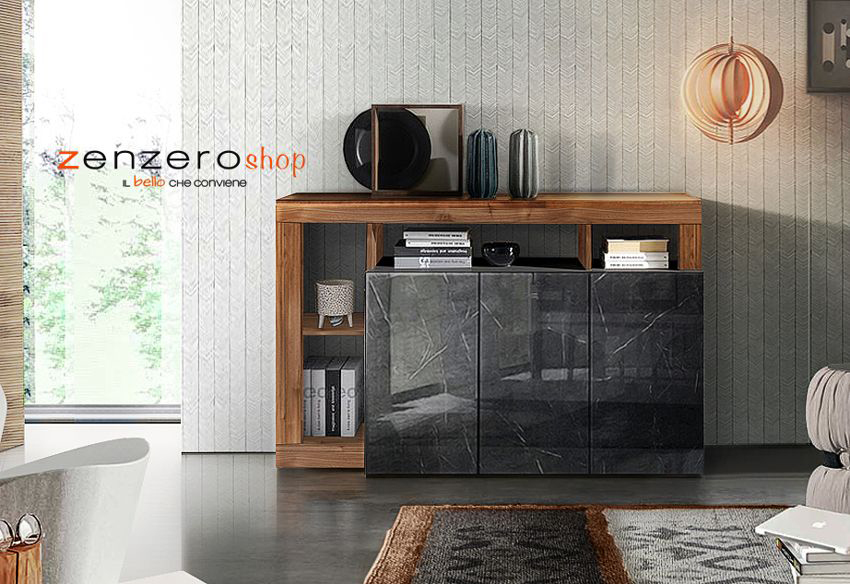 Madia moderna 3 ante con un ripiano in finitura Noce Dark e Marmo Lucido Nero