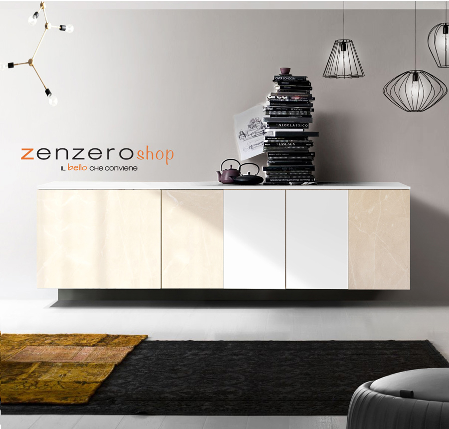 Credenza sospesa, Madia moderna, 5 ante, finitura Bianco Nobilitato e Opera