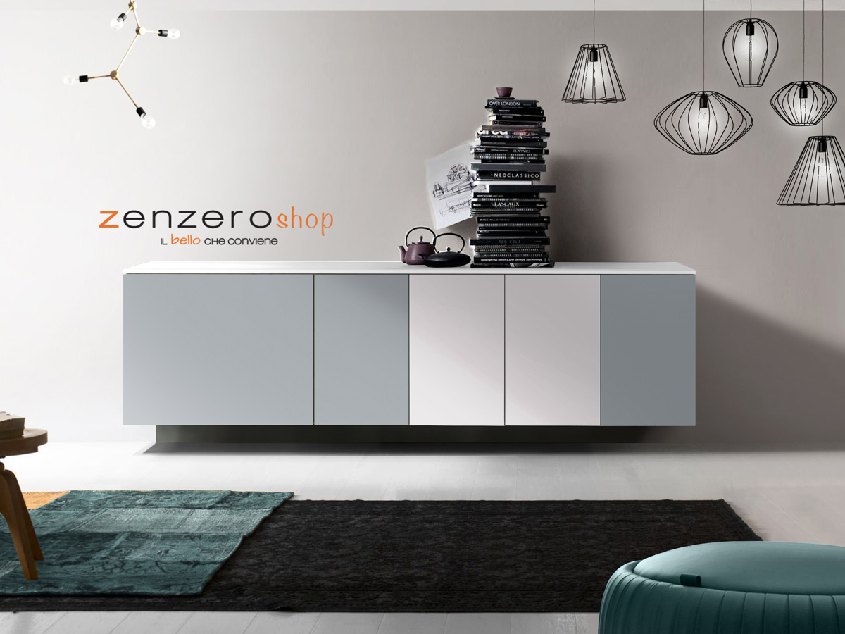 Credenza sospesa, Madia moderna, 5 ante, finitura Bianco, Alluminio e Grey