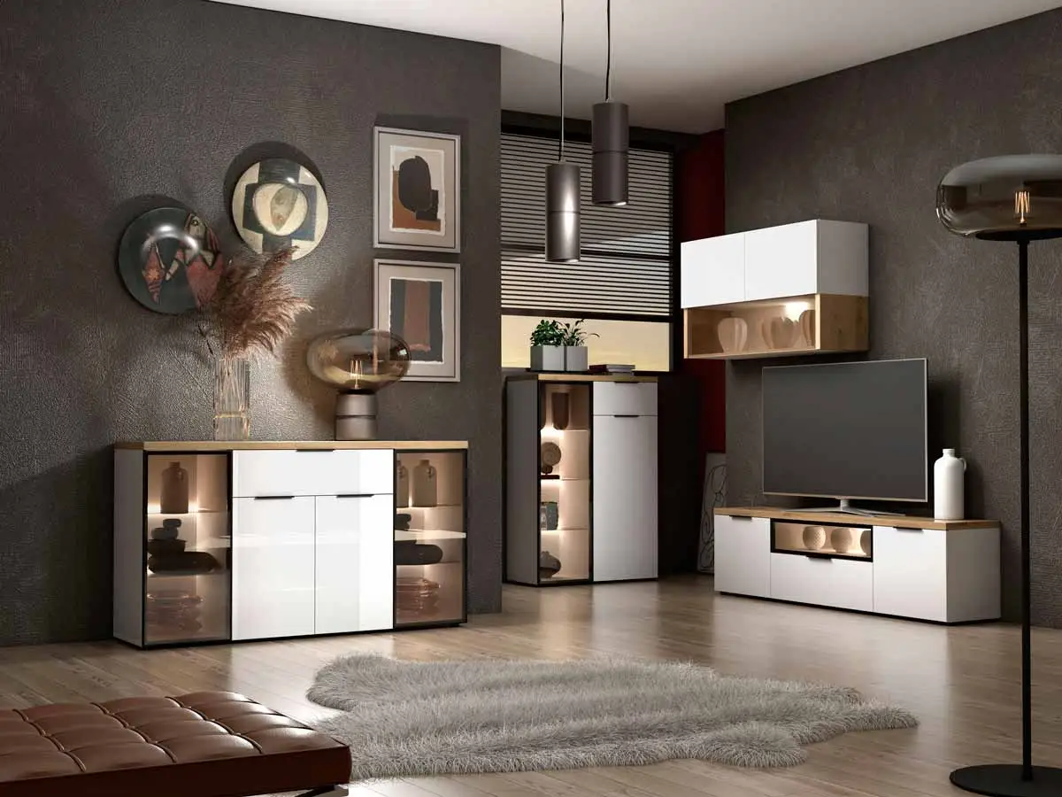 Madia moderna, colore Bianco lucido e Rovere chiaro