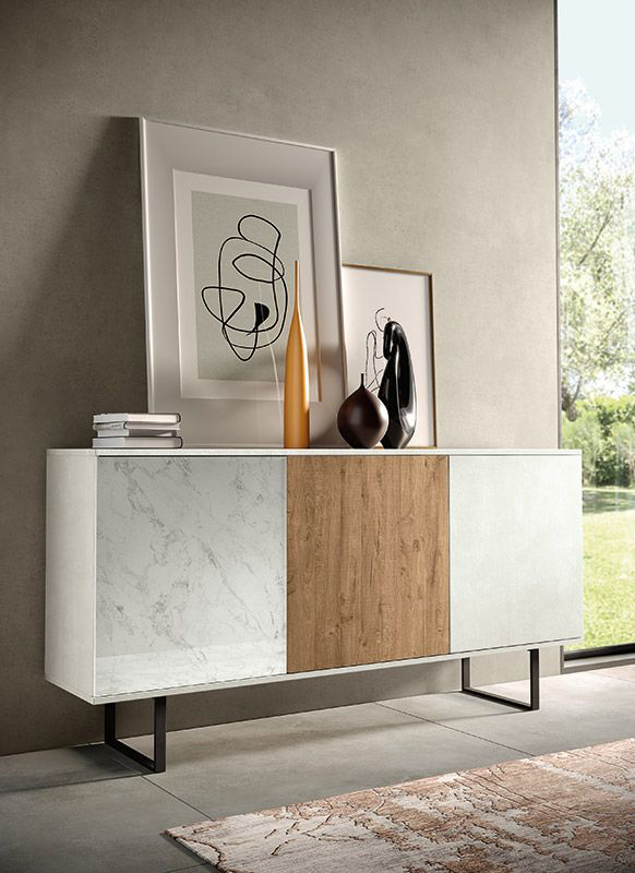 Madia  moderna Shapley con 3 ante in finitura Bianco calce, Rovere nordico e Vetro marmo white