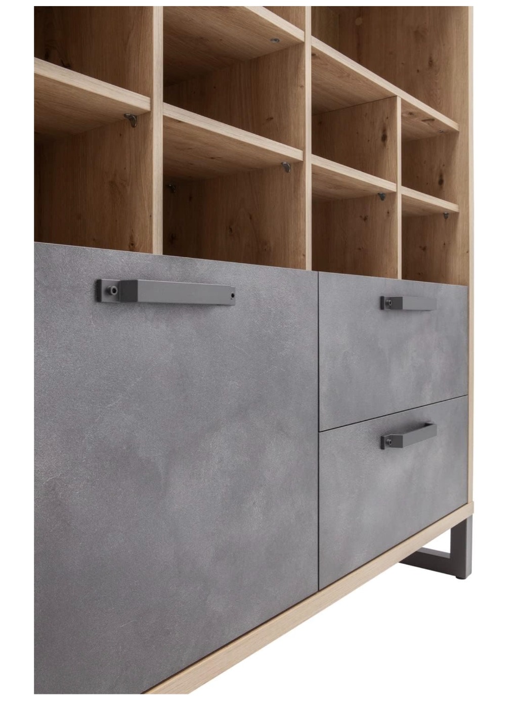 Libreria Industry per ufficio con 2 cassetti e un'anta in finitura Rovere e Grigio smoke