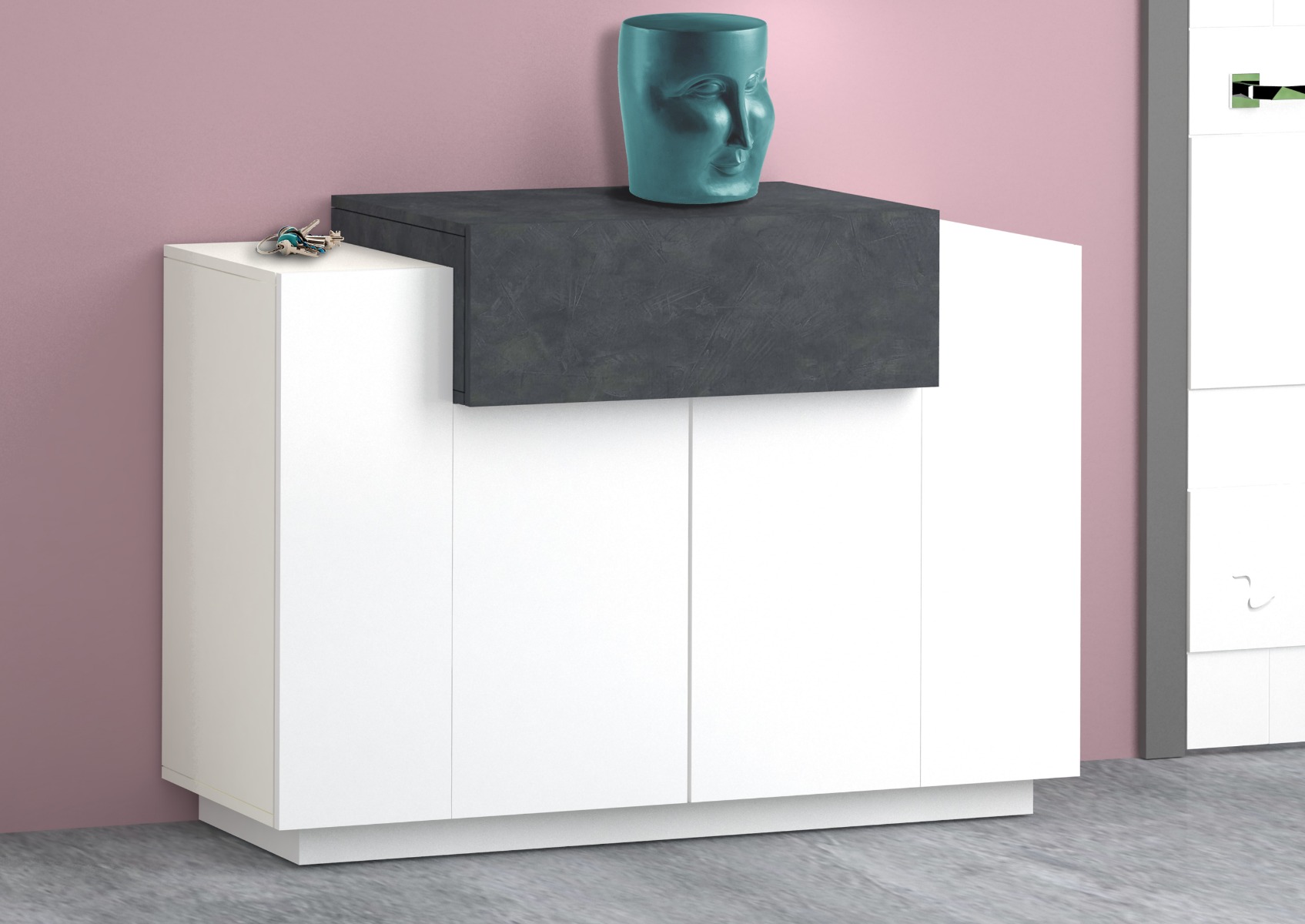 Madia multiuso bianca e ardesia, 2 ante e una ribalta