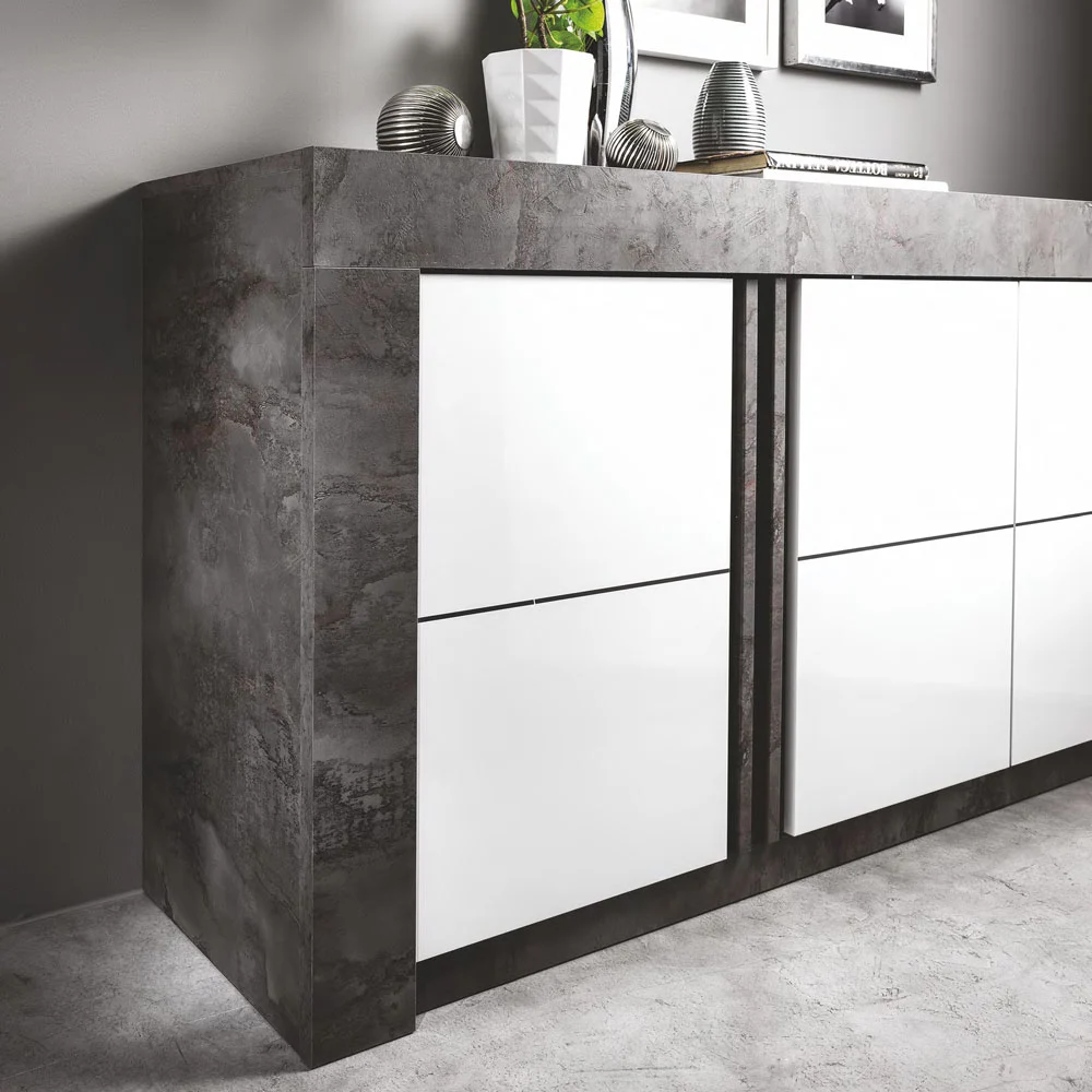 Madia 4 ante Ossido con frontali in Bianco lucido serigrafato, made in Italy