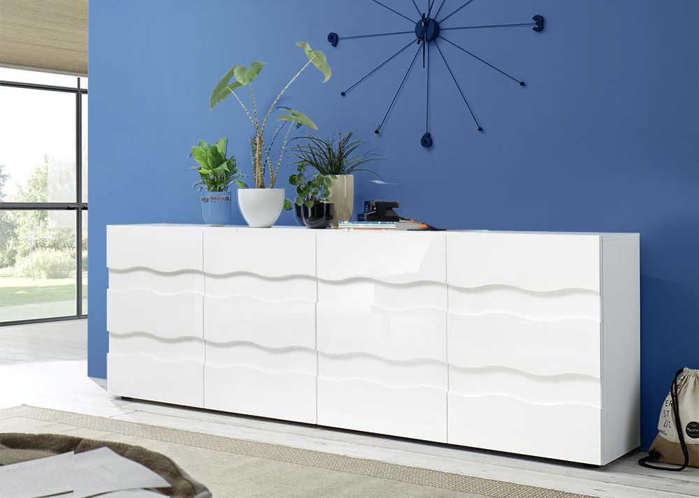 Madia onda a 4 ante, finitura bianco lucido, design moderno