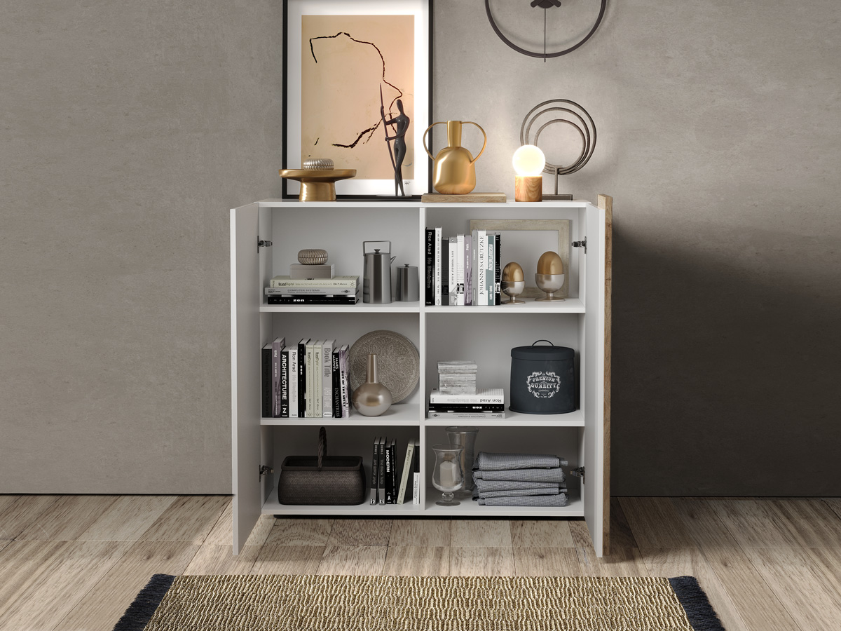 Soggiorno composta da 1 madia,1 vetrina e 1 tavolo, Kadiz e Bianco lucido