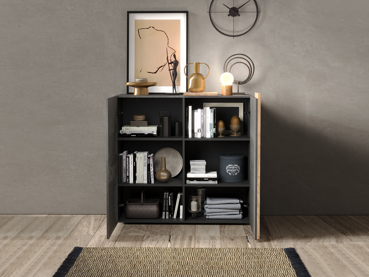 Soggiorno moderno, 1 madia,1 vetrina e 1 tavolo, Kadiz e Titanio Zenzero Shop