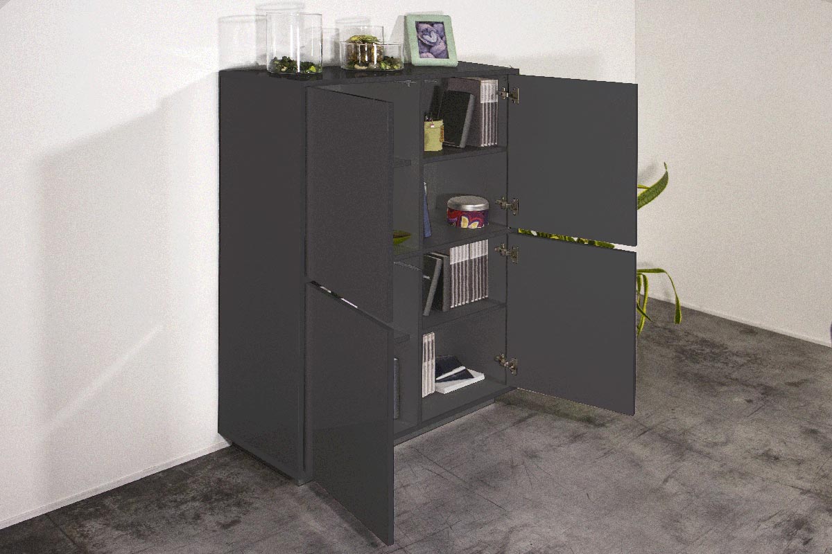 Madia moderna di design in finitura antracite laccato lucido con quattro ante