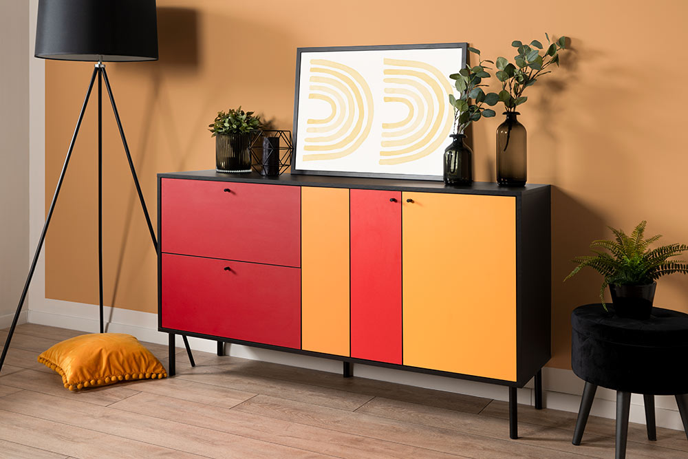 Madia multicolore 2 ante e 2 cassetti, con struttura nera e chiusura ammortizzata