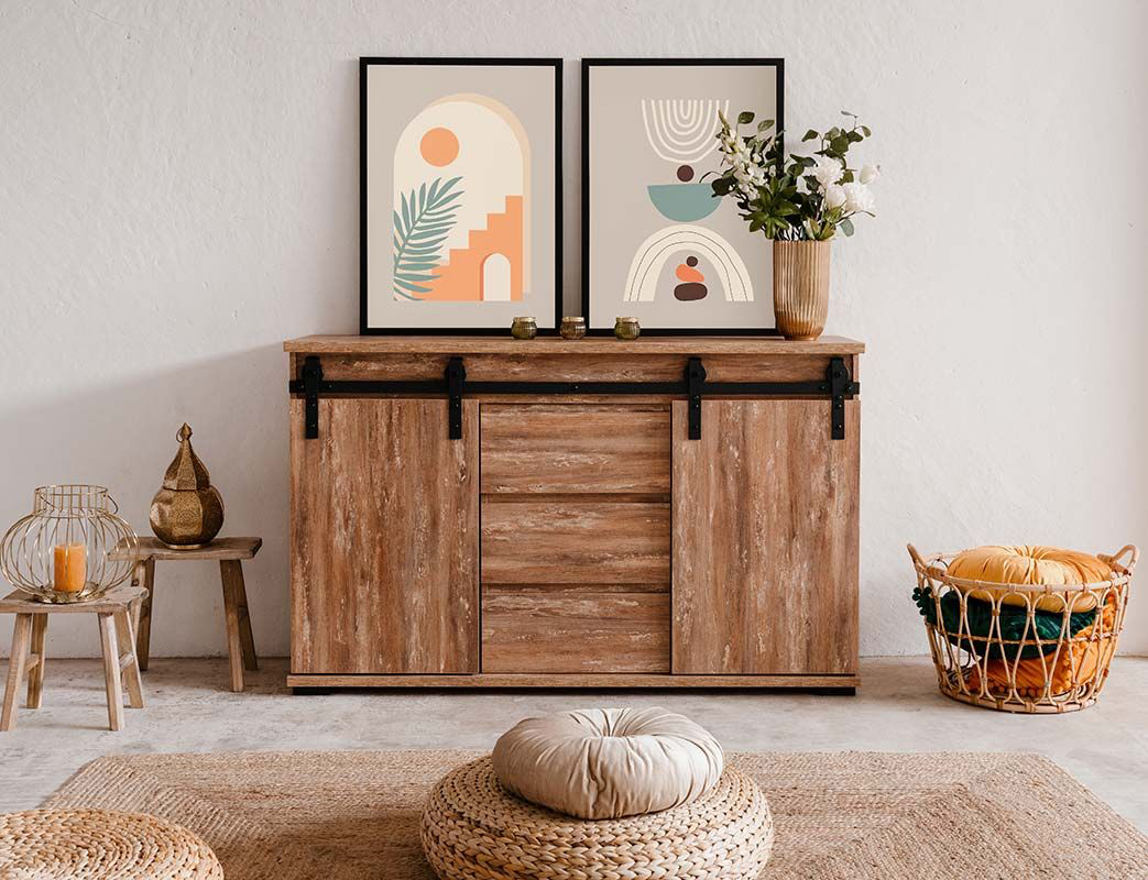 Madia Tromso con 2 ante e 3 cassetti in finitura Rovere anticato