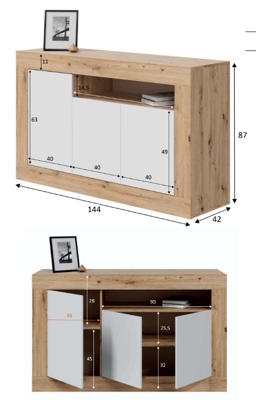 Madia moderna 3 ante, fintiura Rovere nodi e Bianco opaco