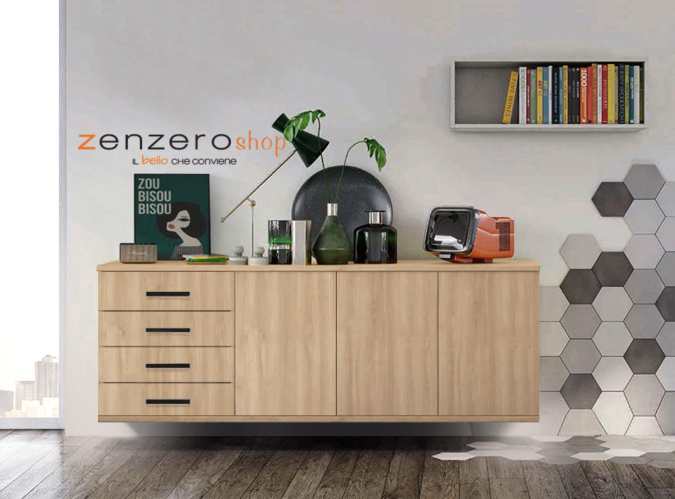 Credenza sospesa 3 ante 4 cassetti, finitura Royal Oak