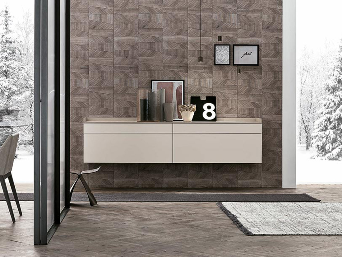 Madia sospesa 2 cestoni e 2 cassetti, finitura materico opaco Madreperla e materico frassino Oriente