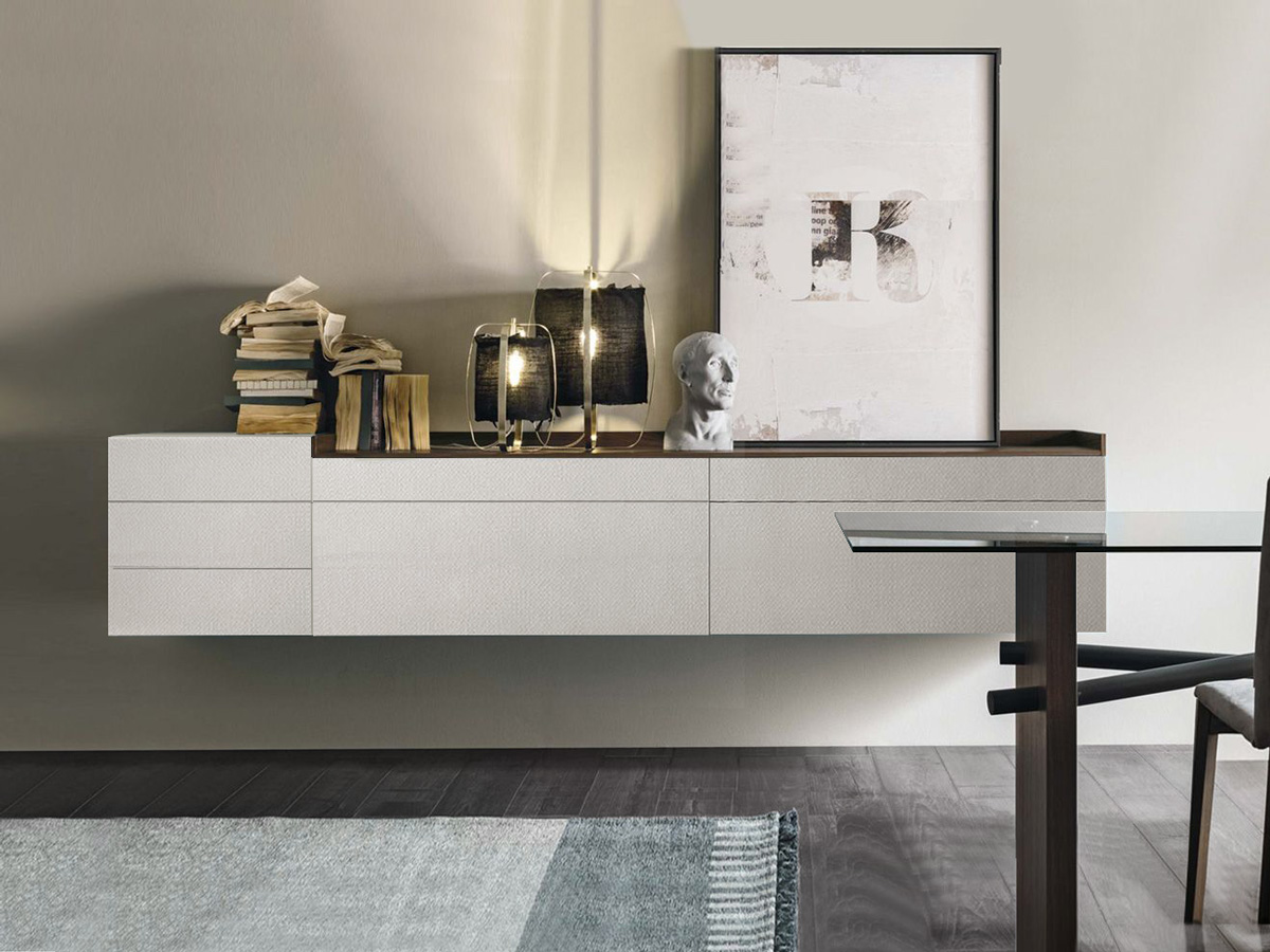 Madia moderna sospesa con cassetti, finitura Intreccio chiaro e Rovere termocotto