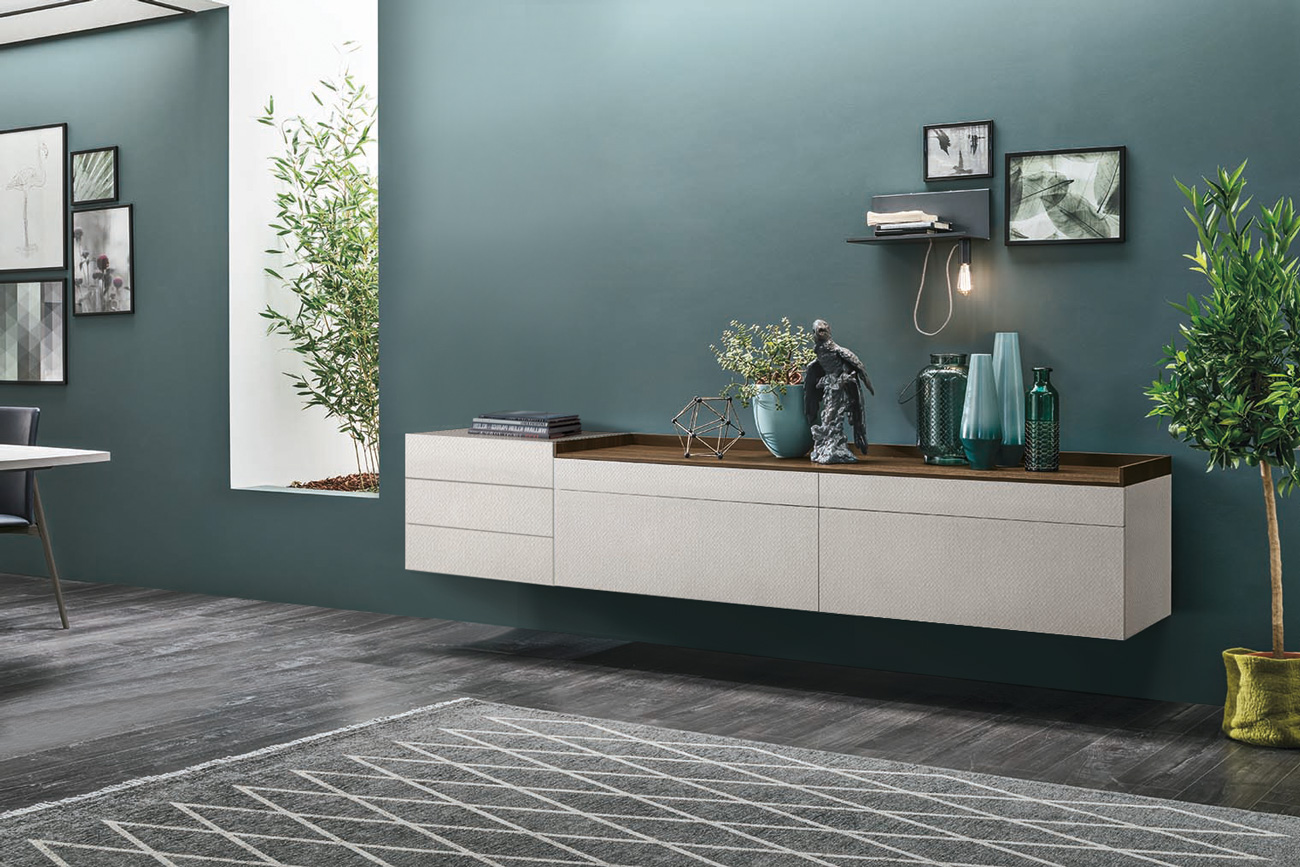 Madia moderna sospesa con cassetti, finitura Intreccio chiaro e Rovere termocotto