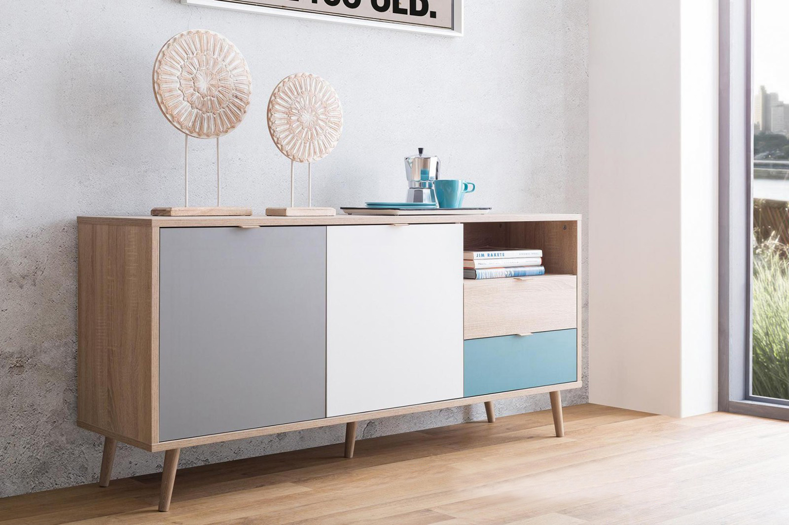 Madia Lavik con gambe in legno, 2 ante 2 cassetti, finitura Quercia, Bianca, Petrolio e Grigia