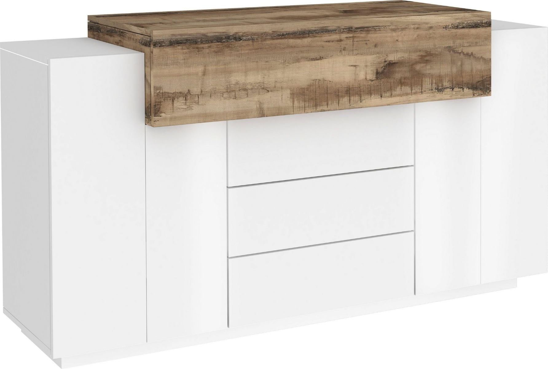 Credenza bianca e pero con 2 ante, 3 cassetti e una ribalta