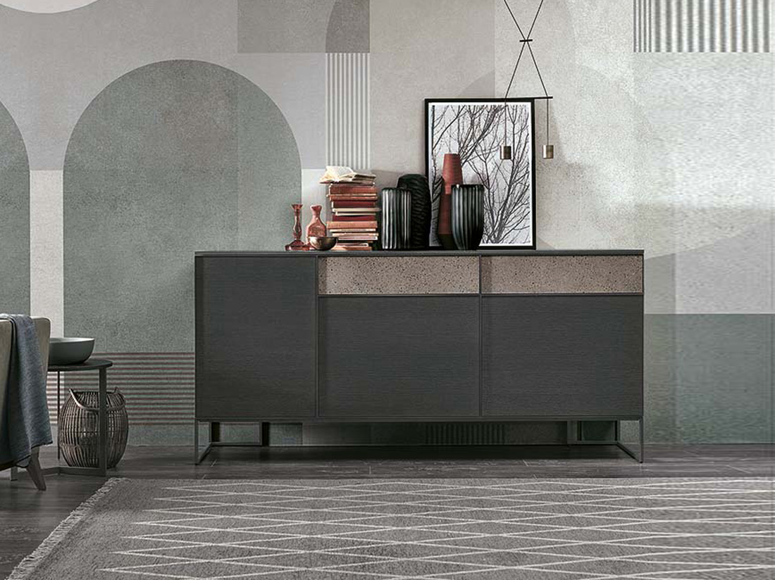 Madia 3 ante 2 cassetti Rovere carbone e Graniglia