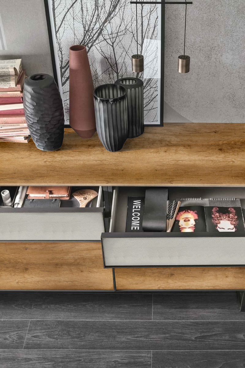 Madia 3 ante 2 cassetti Nodato chiaro e Cemento chiaro