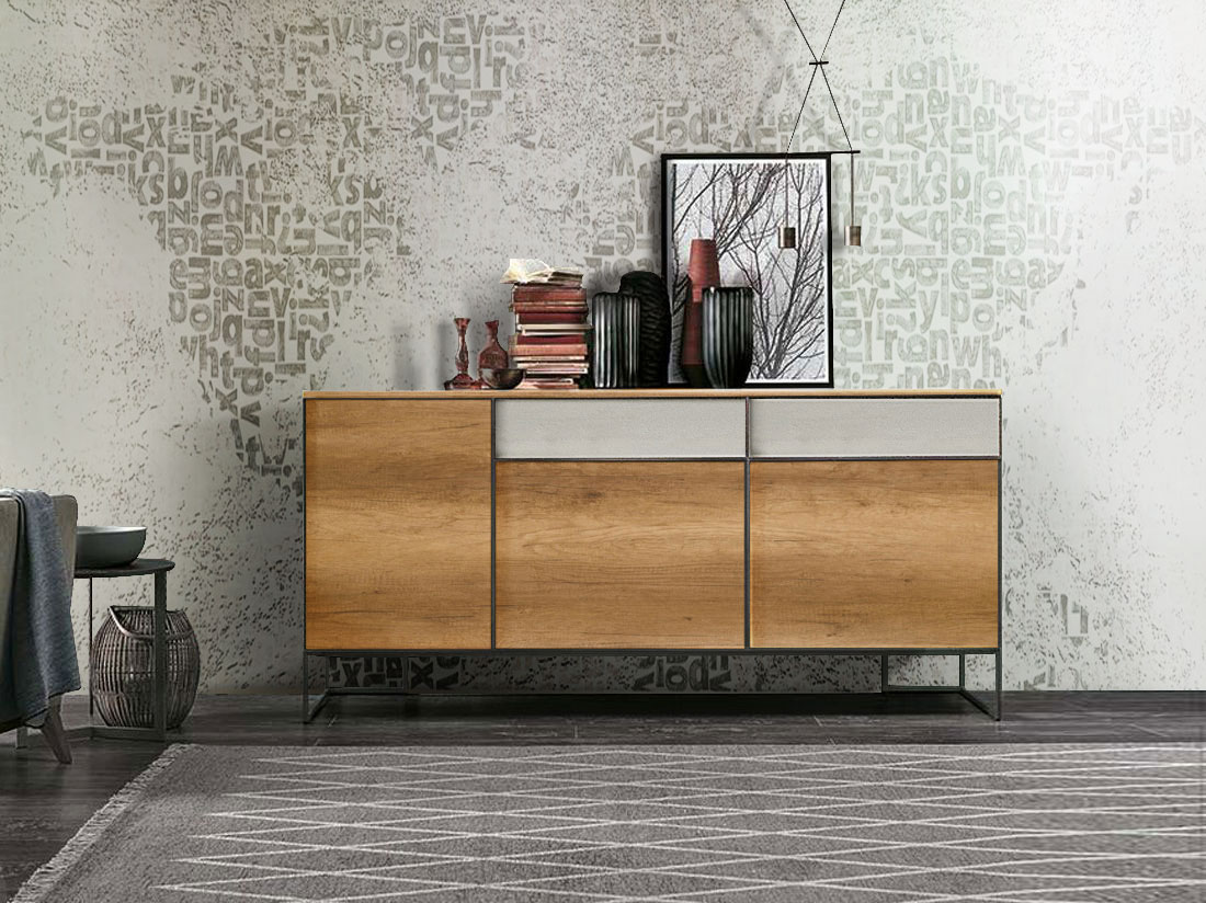 Madia 3 ante 2 cassetti Nodato chiaro e Cemento chiaro