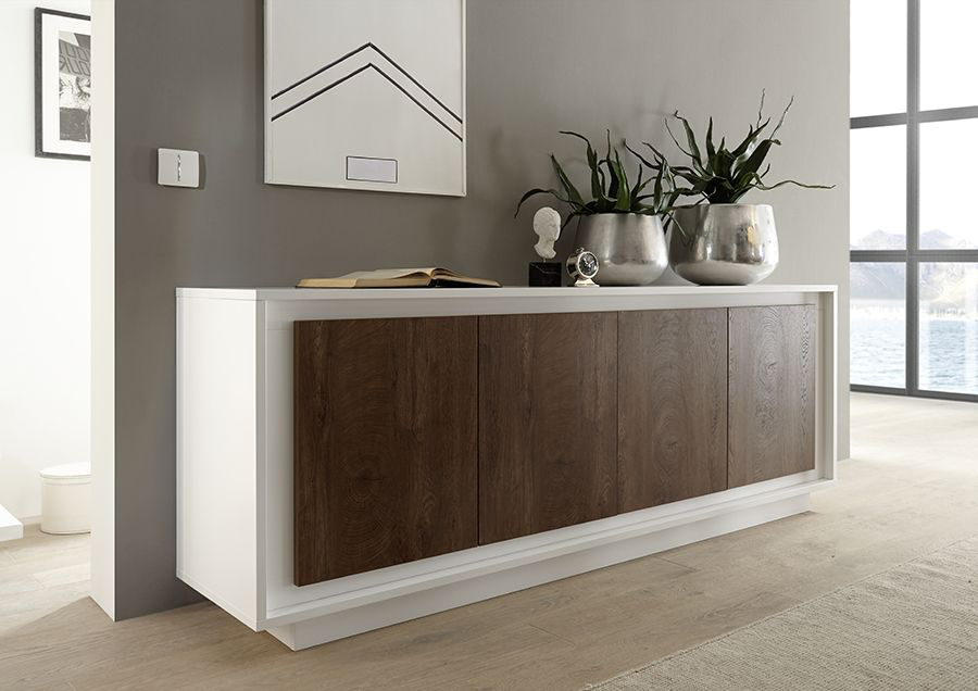 Credenza Moderna, Madia di Design, 4 ante, Bianco Opaco con frontali Cognac