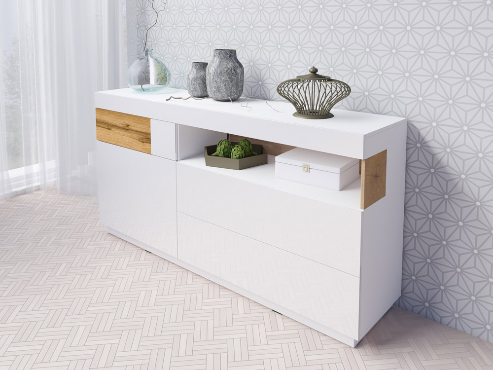 Credenza composta da 1 anta e 3 cassetti, bianca lucida e rovere naturale