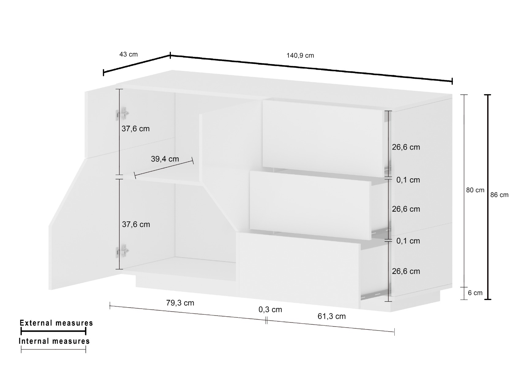 Madia moderna e di design 2 ante e 3 cassetti, Ardesia e Pero