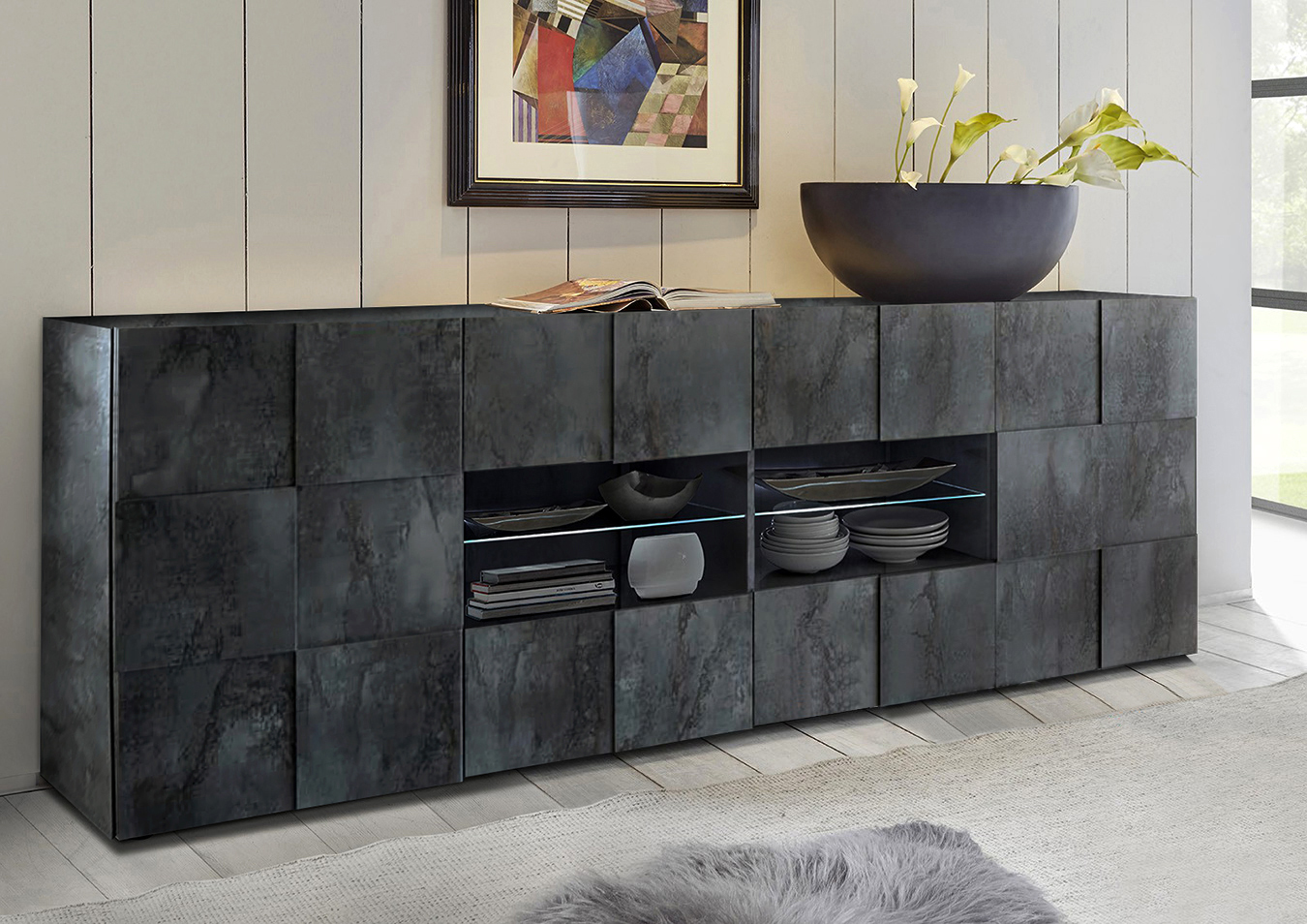 Credenza Moderna, Madia di Design, 2 ante e 4 cassetti, finitura Ossido