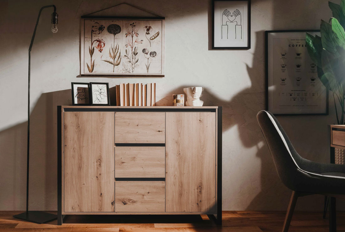 Madia industry 2 ante 3 cassetti, Rovere Nodato e struttura in Antracite