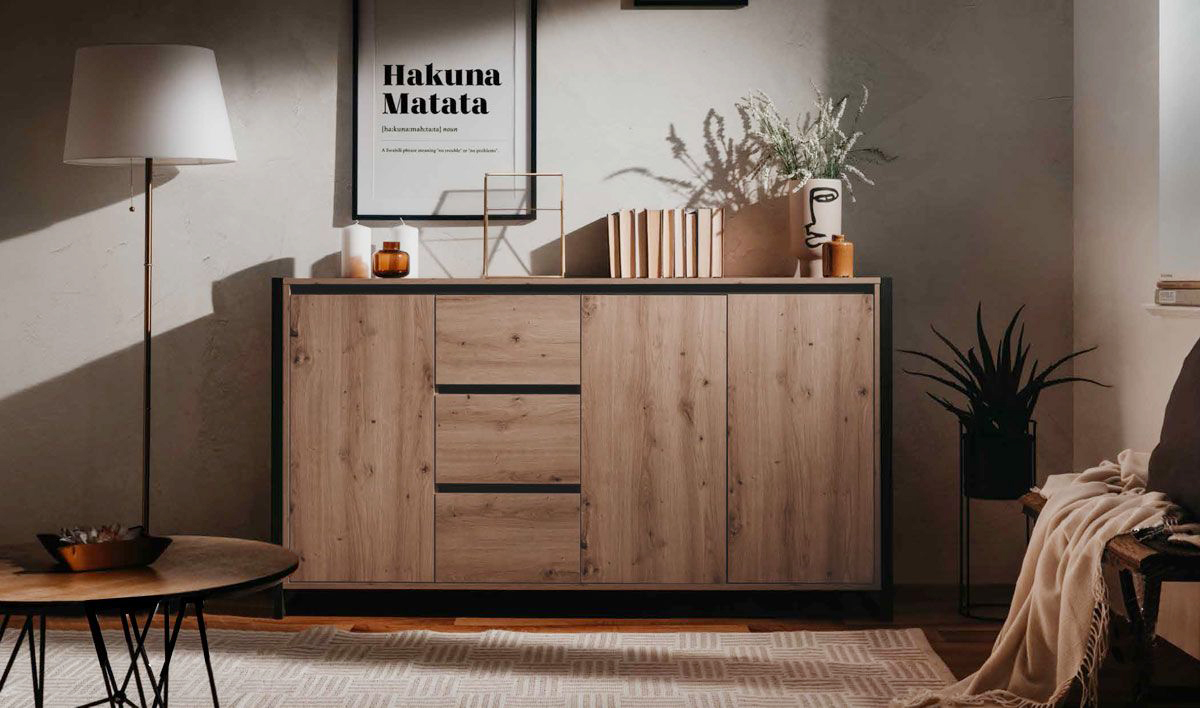 Madia industry 3 ante 3 cassetti, finitura Rovere Nodato e struttura in Antracite