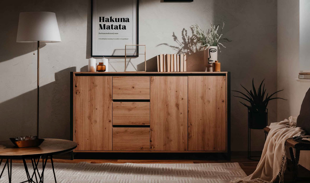 Madia in stile industry 3 ante 3 cassetti, finitura Rovere Nodato e struttura in Antracite