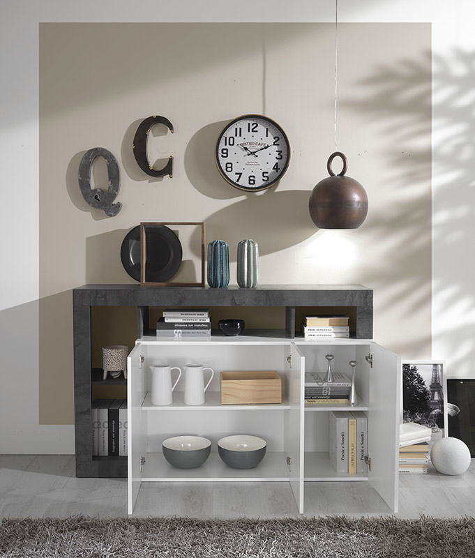 Mobili credenze moderne 3 ante con un ripiano bianco laccato lucido e Cemento