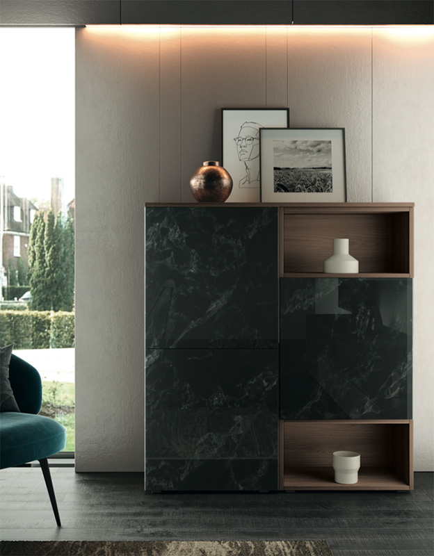 Madia moderna Cuore con 3 ante   in finitura Bianco calce, Quercia brown e Vetro marmo dark