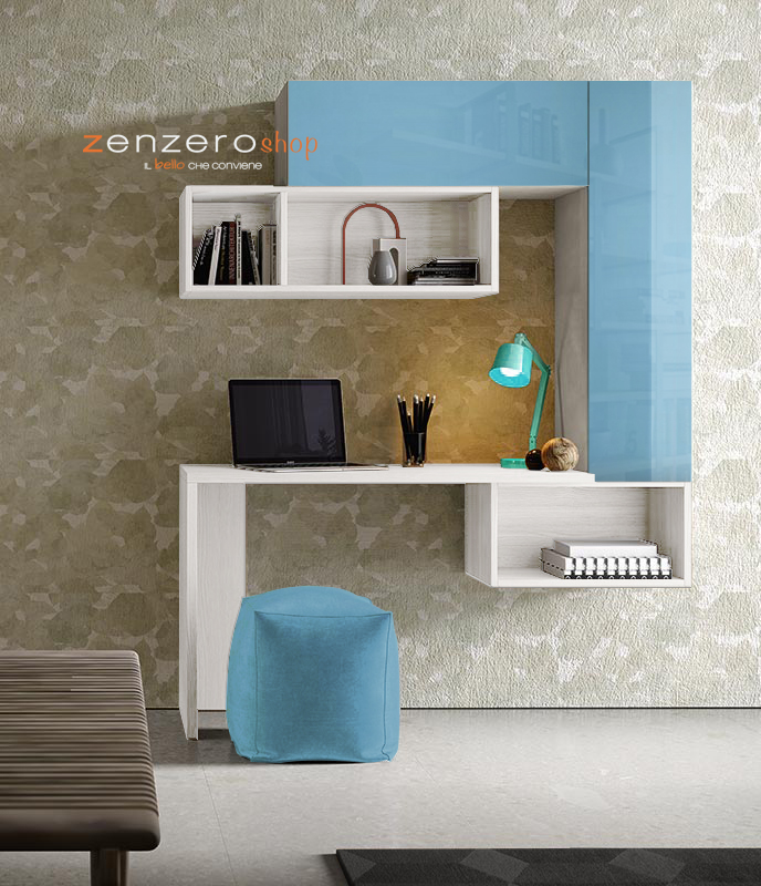 Zona studio Finlay in finitura Frassinato bianco e Azzurro vetro