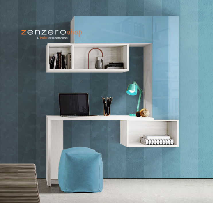 Zona studio Finlay in finitura Frassinato bianco e Azzurro vetro