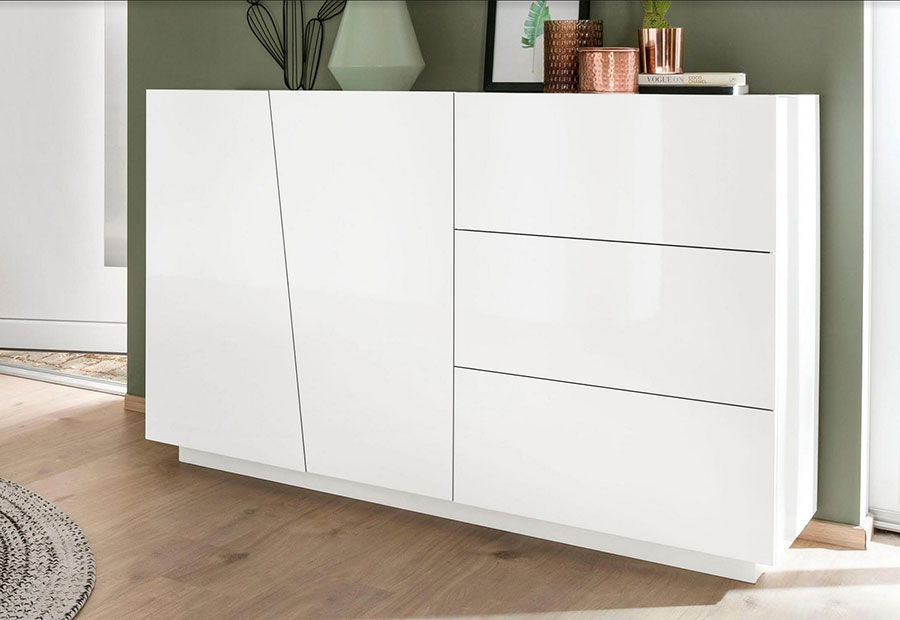 Credenza Moderna Bianco Laccato Lucido  2 ante, 3 cassetti