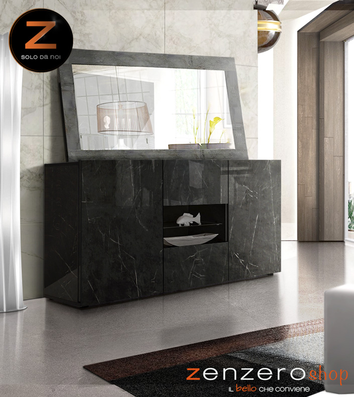 Sala da pranzo in Marmo Lucido Nero di Lusso, composta da Vetrina, Tavolo e Madia con vano