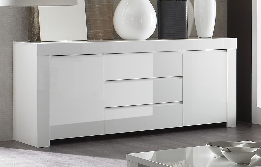 Credenza Moderna, Madia di Design a 2 ante e 3 cassetti, Bianco Lucido