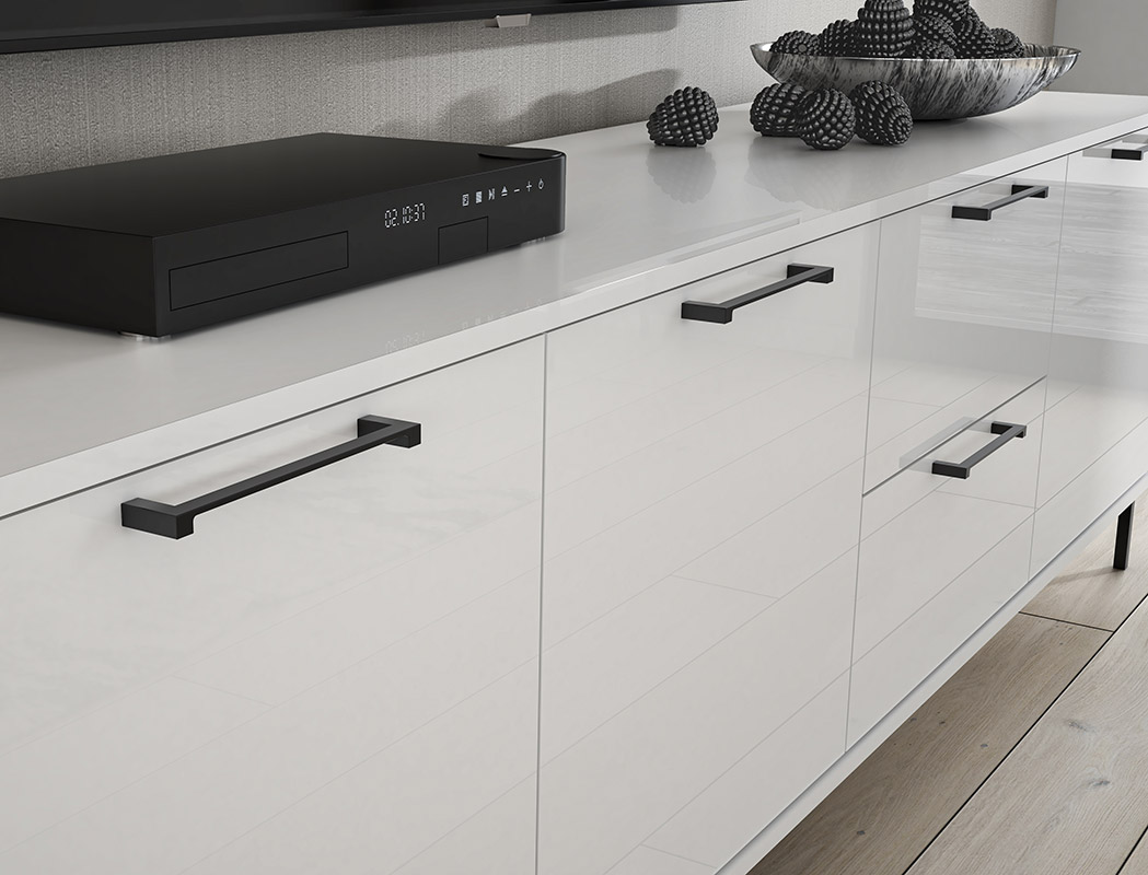 Mobile tv Bianco lucido con piedini neri, 3 ante 2 cassetti