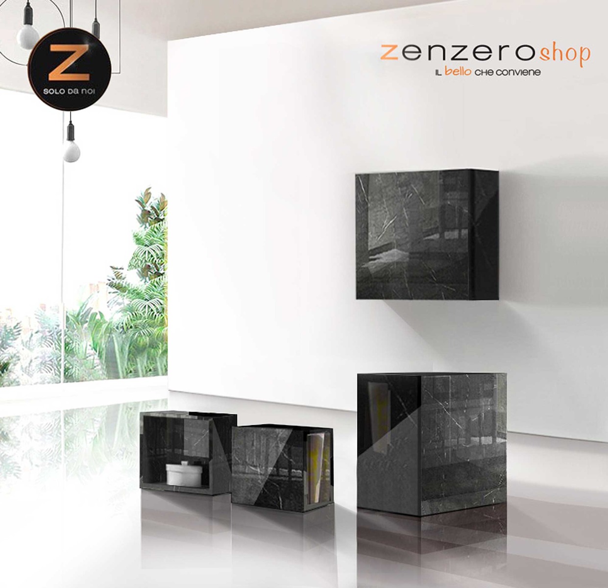 Cubi e vani a giorno in finitura Marmo Lucido Nero