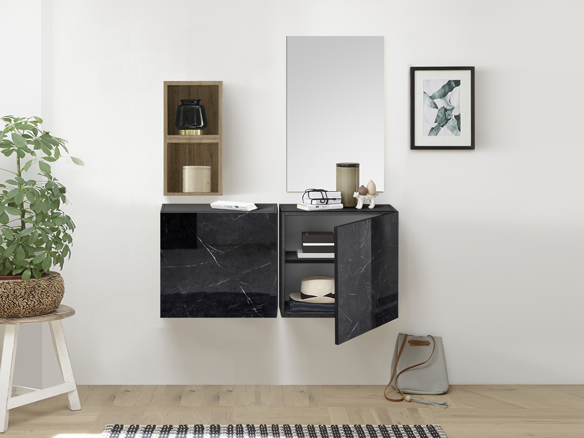 Mobile da ingresso con coppia di cubi, vani e specchio, finitura Marmo lucido e Miele