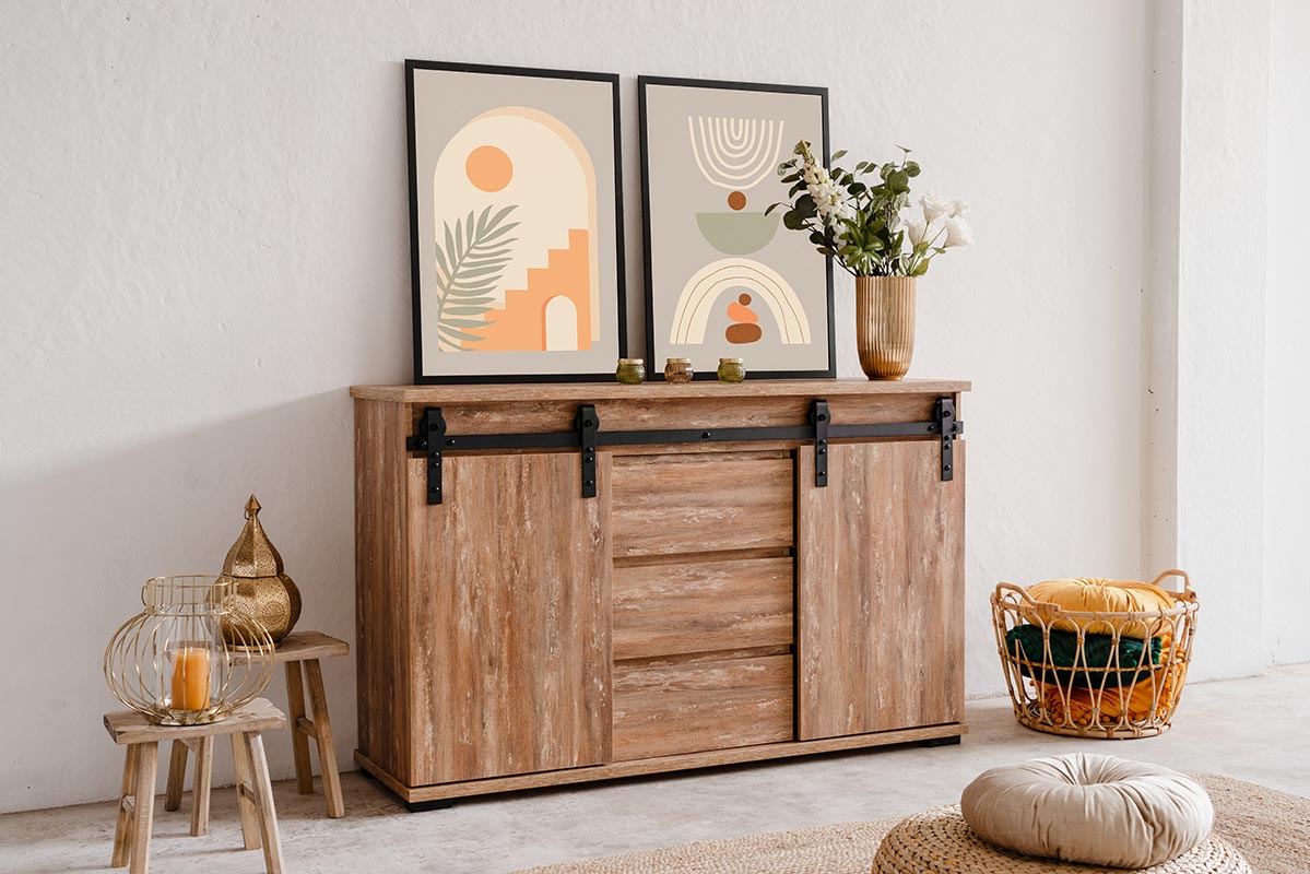 Madia Tromso con 2 ante e 3 cassetti in finitura Rovere anticato