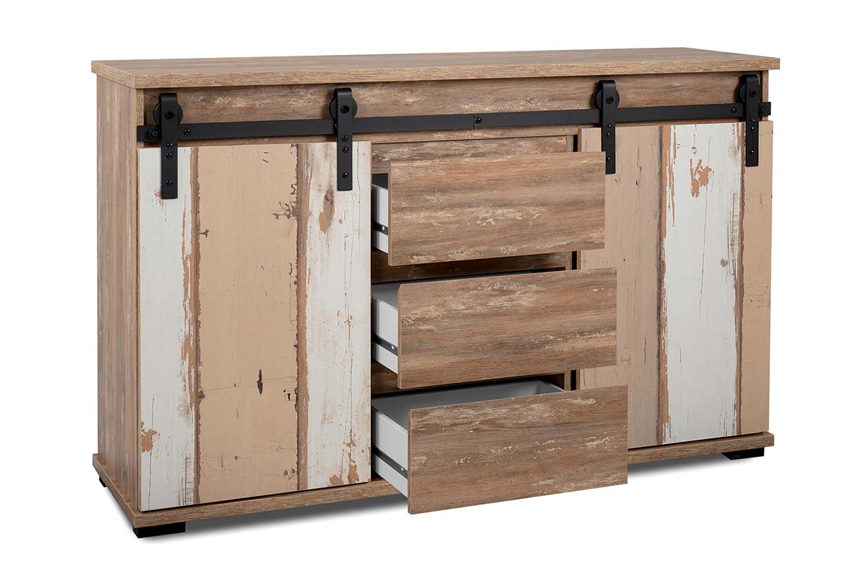 Madia scontata Tromso con 2 ante e 3 cassetti in finitura Bianco anticato e Rovere anticato