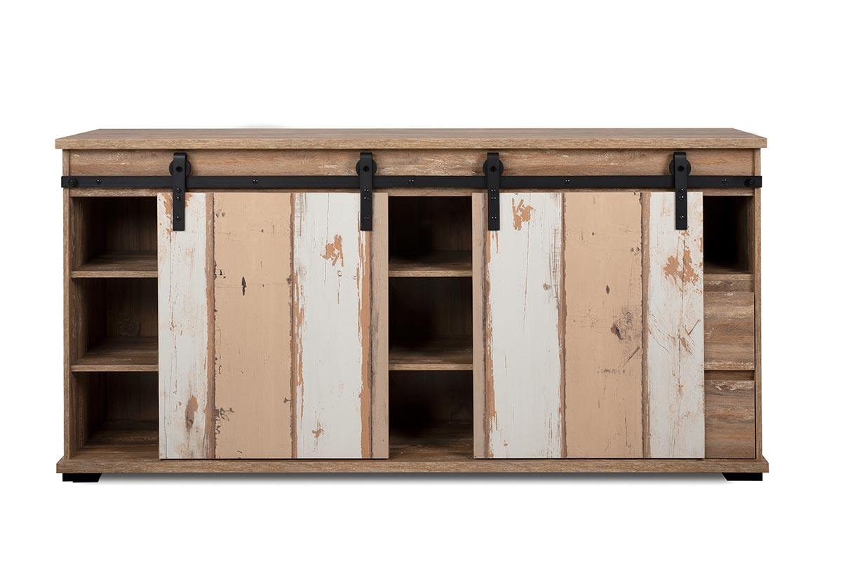 Madia bassa moderna Tromso con 2 ante e 2 cassetti in finitura Bianco anticato Rovere anticato