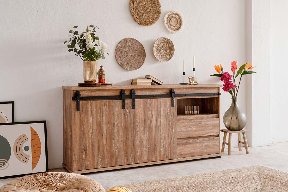 Madia Tromso con 2 ante e 2 cassetti in finitura Rovere anticato